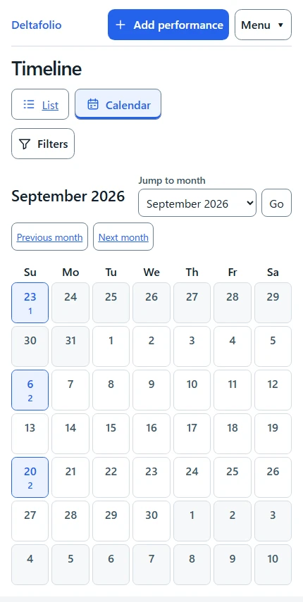 Synthetic September calendar with performance dates and multiple records on one day.