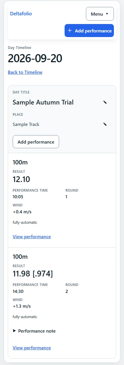 Day Timeline sample showing two 100m rounds on the same date with time, Result and wind.