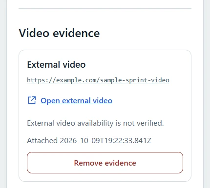 Synthetic Performance Details evidence card with an external HTTPS video link.