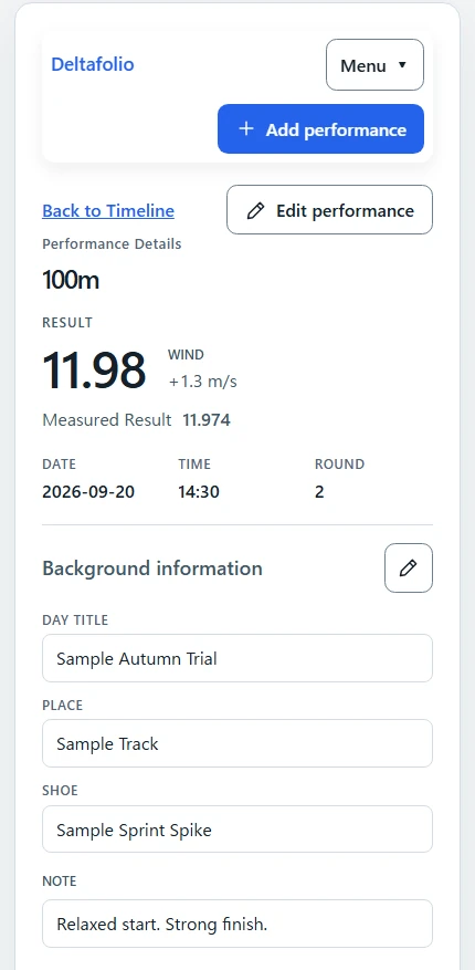 Sample performance detail screen showing a 100m result with wind, date, round, shoe, place, and notes.